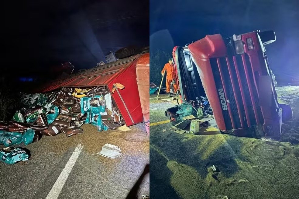 Caminhão tomba e espalha carga de ração na Br-343 em Piripiri