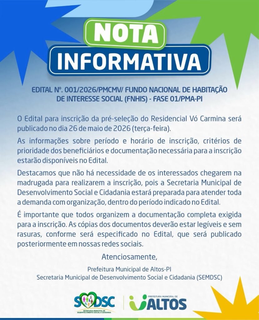 Edital PARA Pré-seleção DO Residencial Vó Carmina será publicado EM maio