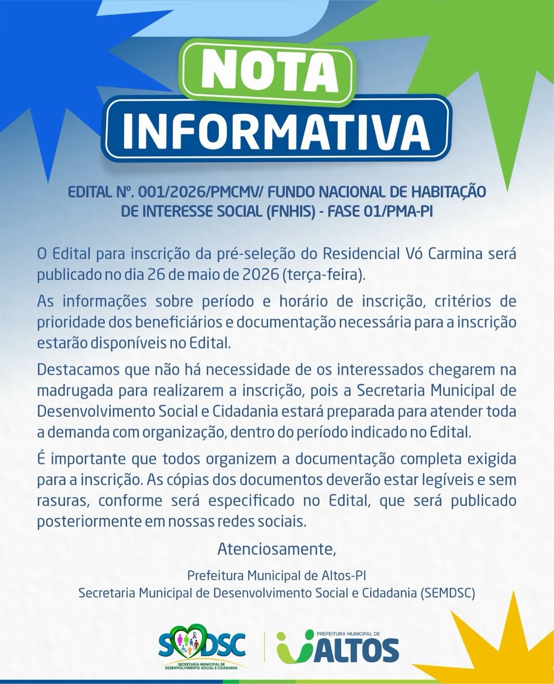 Edital PARA Pré-seleção DO Residencial Vó Carmina será publicado EM maio