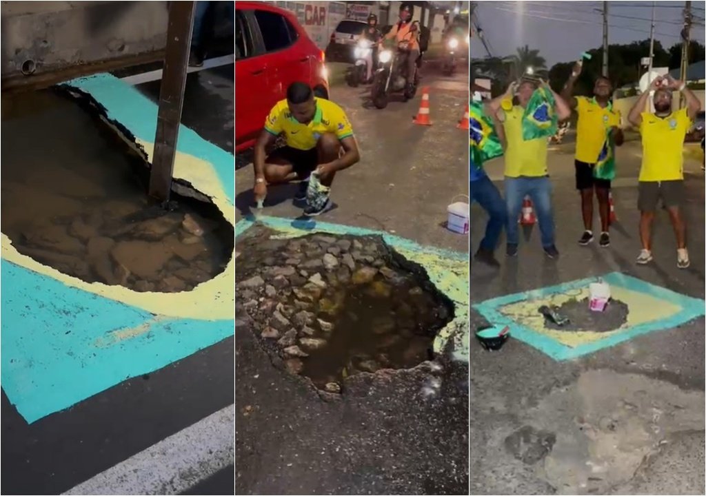 Moradores de Teresina pintam buracos com cores da bandeira em protesto