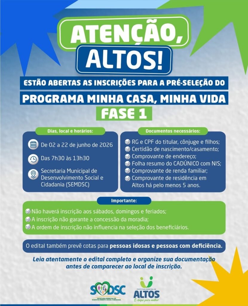 Inscrições abertas PARA o programa MINHA CASA, MINHA VIDA em ALTOS