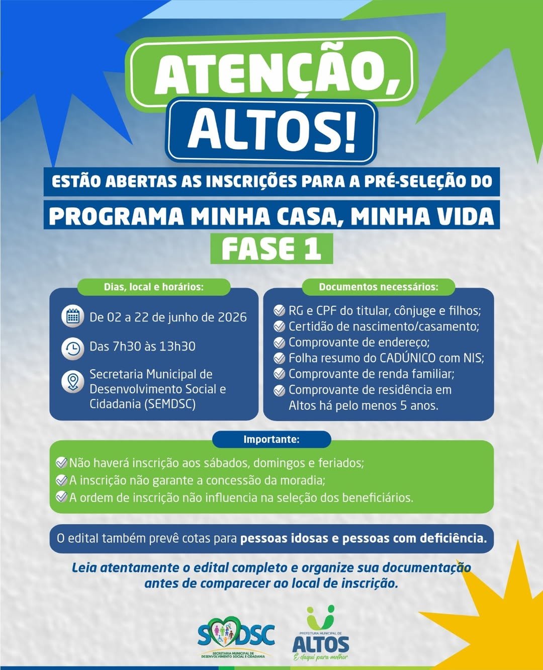 Inscrições abertas PARA o programa MINHA CASA, MINHA VIDA em ALTOS