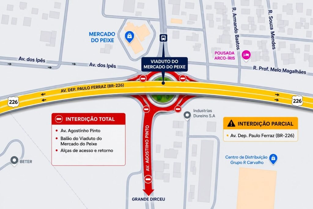 Interdição na Avenida Agostinho Pinto afeta acesso ao Dirceu Arcoverde neste domingo