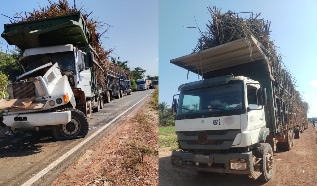 Colisão entre caminhões de cana-de-açúcar causa congestionamento na Pi-112