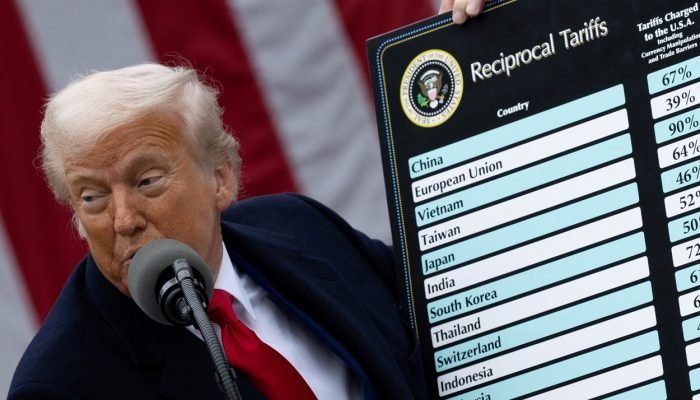 O presidente dos EUA, Donald Trump, durante anúncio das tarifas comerciais na Casa Branca - 02/0...