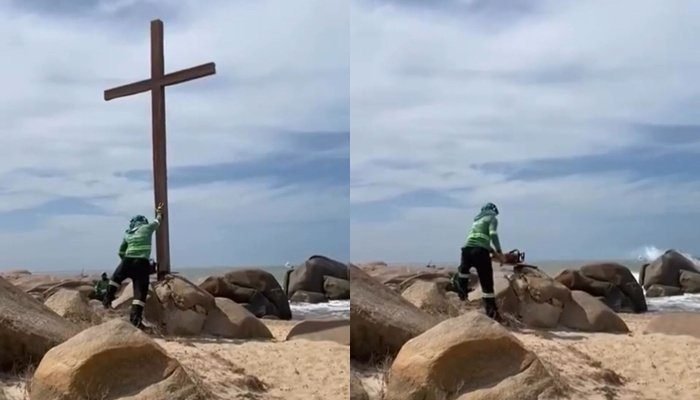 Cruz derrubada em Parnaíba (Foto: reprodução)