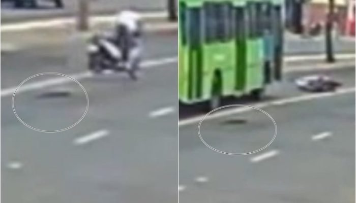 Motociclista cai em buraco na Avenida Miguel Rosa e quase é atropelada por ônibus