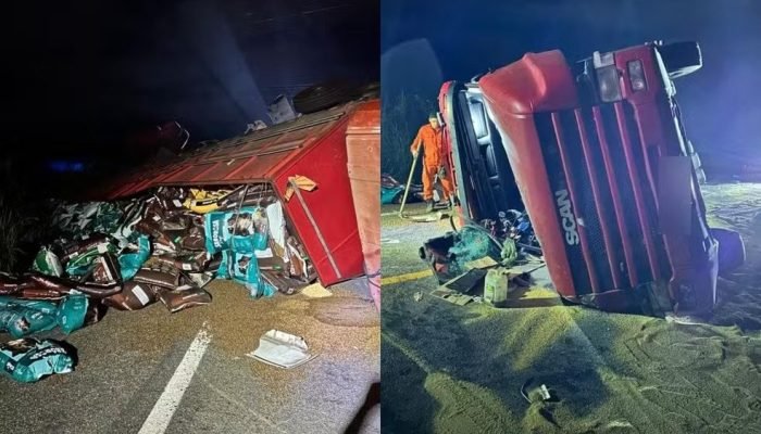 Caminhão tomba e espalha carga de ração na Br-343 em Piripiri