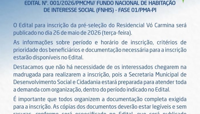 Edital PARA Pré-seleção DO Residencial Vó Carmina será publicado EM maio