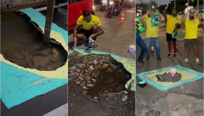 Moradores de Teresina pintam buracos com cores da bandeira em protesto