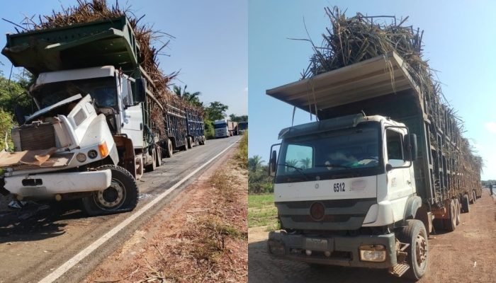 Colisão entre caminhões de cana-de-açúcar causa congestionamento na Pi-112